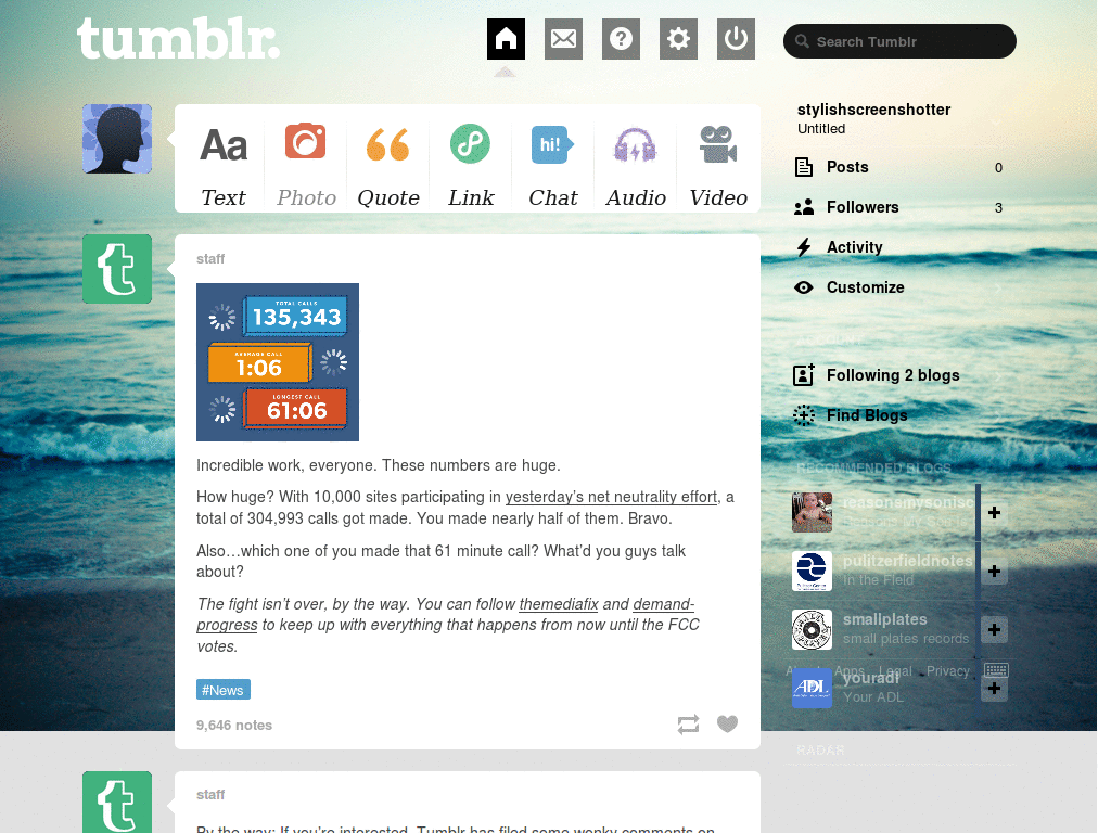 Sea Tumblr Dashboard Theme (no cursor)