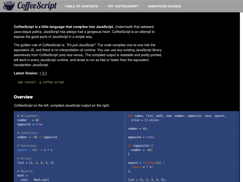 Coffeescript.org ~ Simple Black