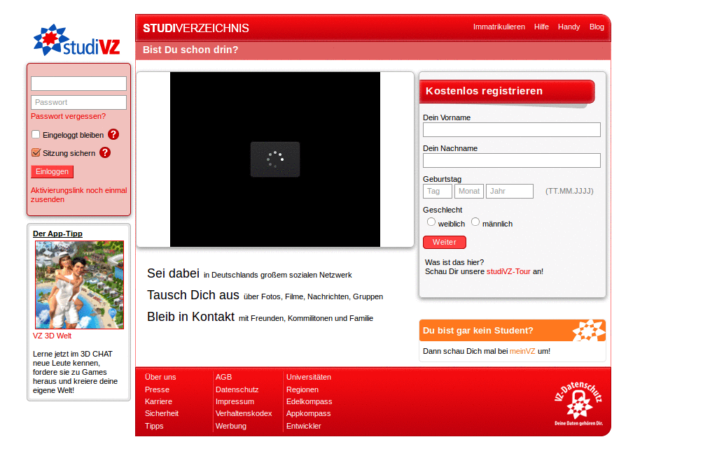 studivz - saubere startseite