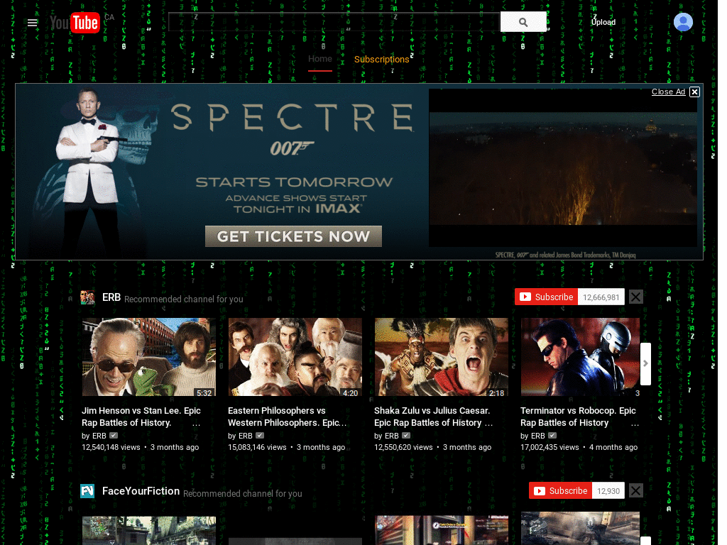 Matrix theme for youtube