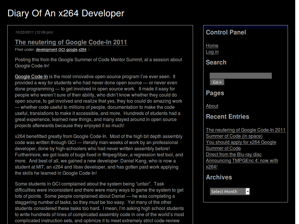 Fix for 'Diary Of An x264 Developer' blog