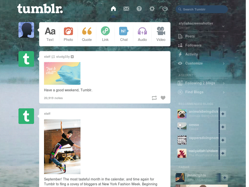 tumblr dashboard - snowy green