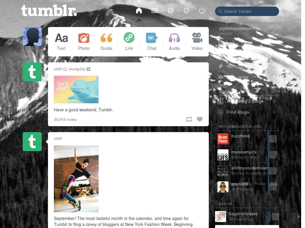 tumblr dashboard - black and white mountain