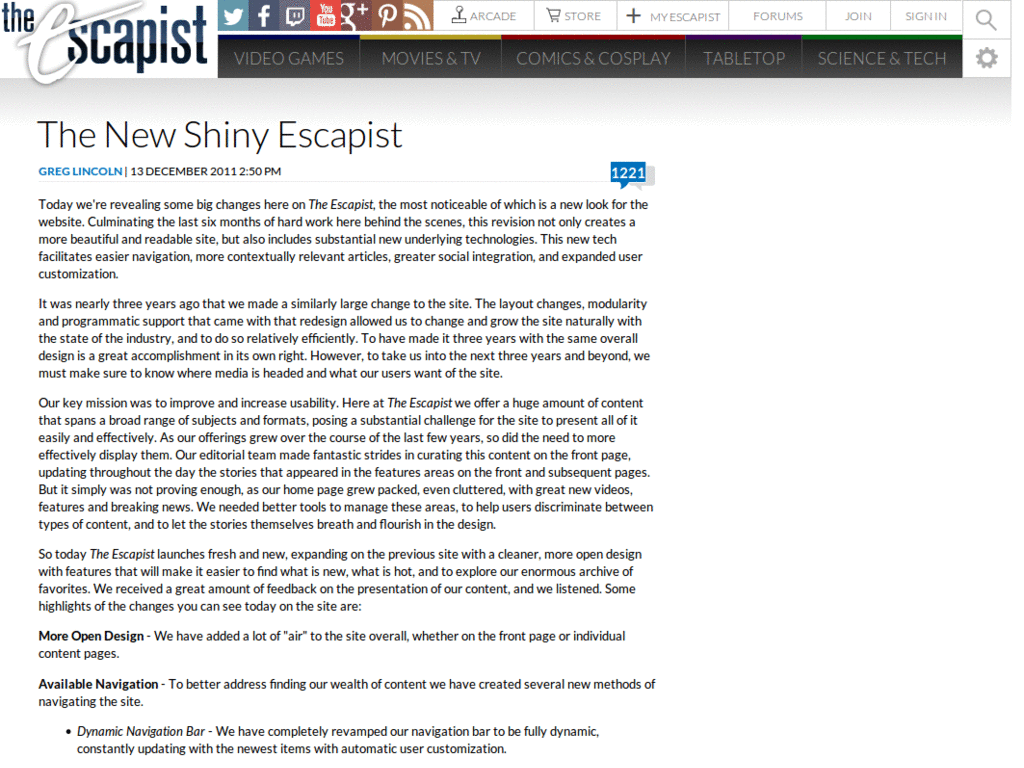 The Escapist - no top bar, sharing & right column,