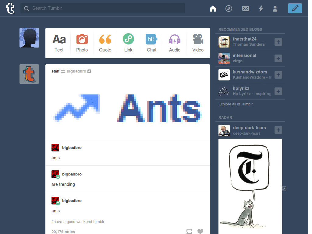 Tumblr Dashboard - Space nebula with Fixed Sidebar