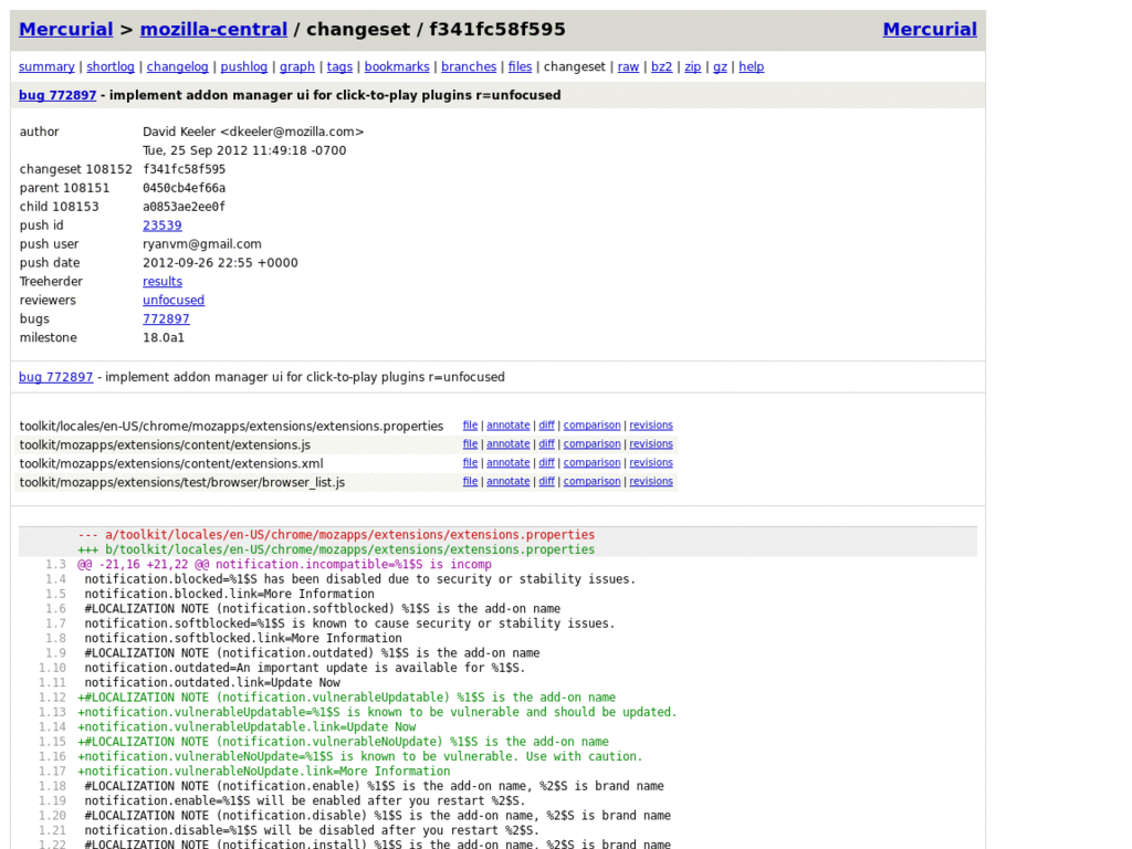 Mercurial - mark changeset blocks in m-c hg
