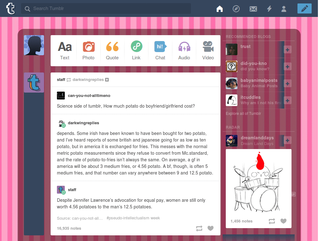 Tumblr Dashboard pink stripes