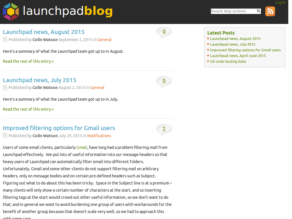 news.launchpad.net - screen wide