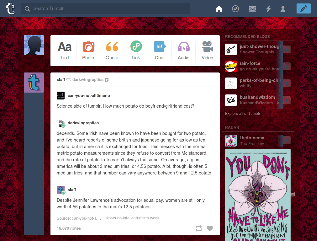 tumblr dashboard theme - dark red vintage