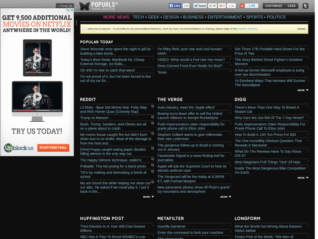 Popurls - No media, increased font size.