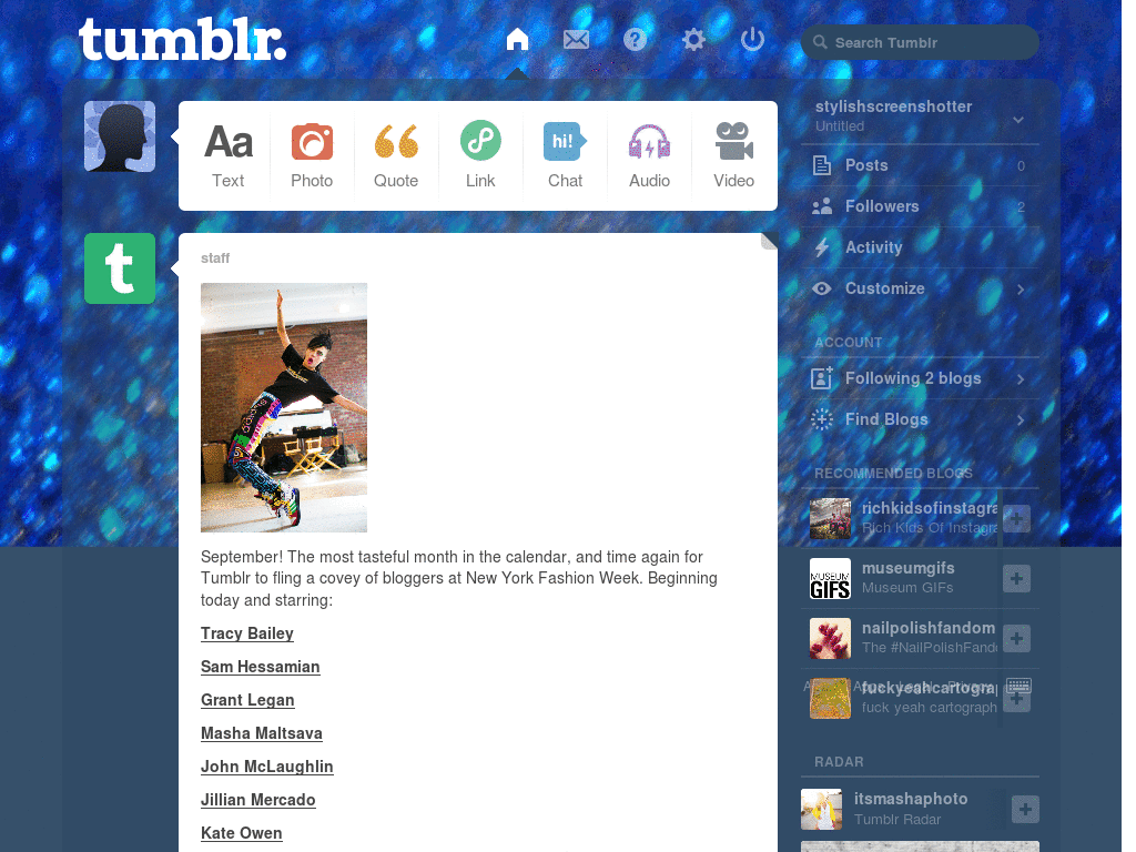 Blue Glitter- Tumblr Dash Theme