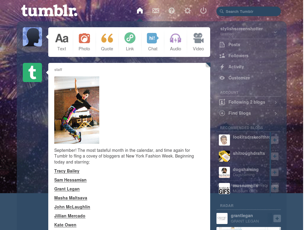 Space Beach Tumblr Dash Theme