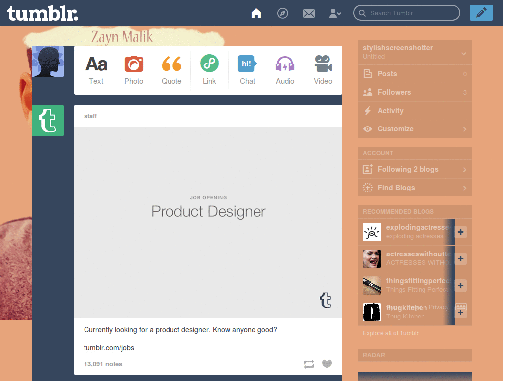 Zayn Malik tumblr dashboard (face)