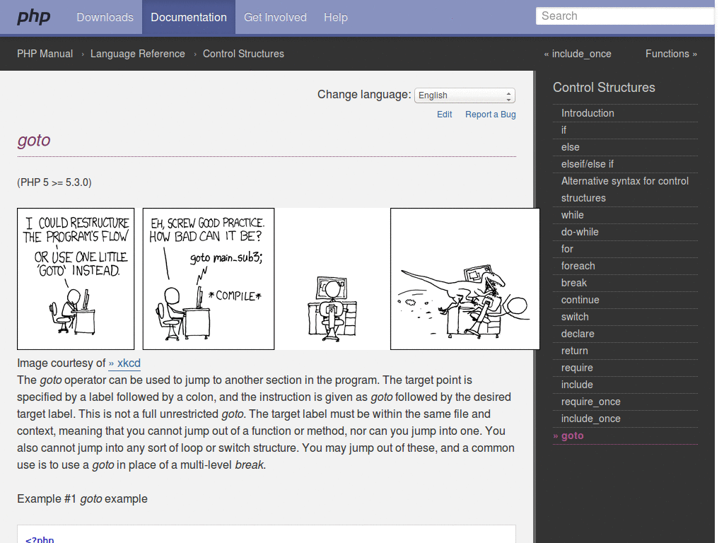 php.net - fixed nav elements