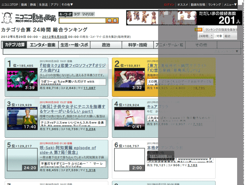 【ニコニコ動画】 カテゴリ合算ランキングページを2列表示