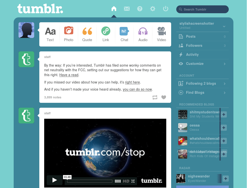 Plain Turquoise Tumblr Dashboard