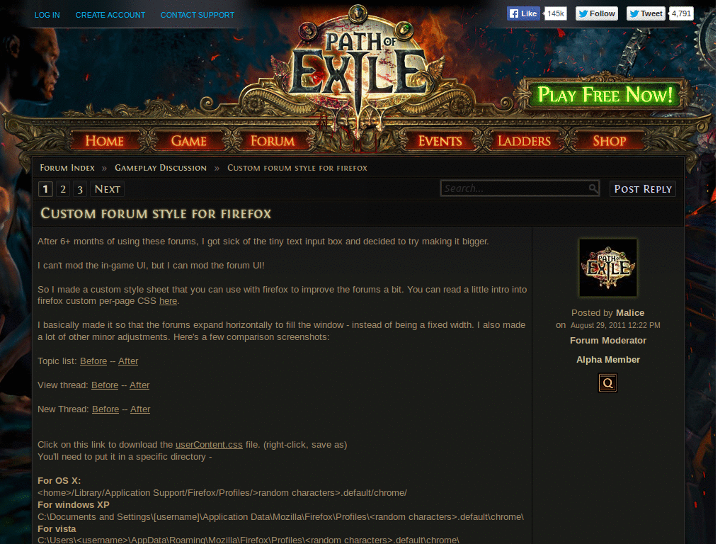 Path of Exile forum widescreen + hide signatures