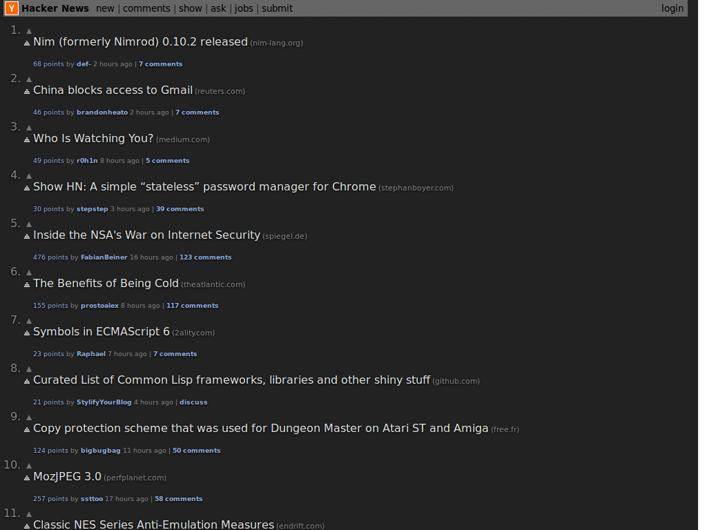 A Dark Hacker News (Unicode arrows)
