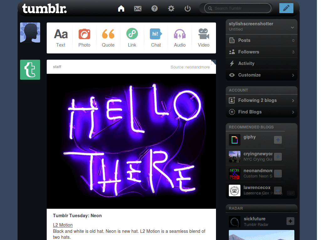 Black & Sleek Tumblr Dashboard Theme. *NO BG IMG*