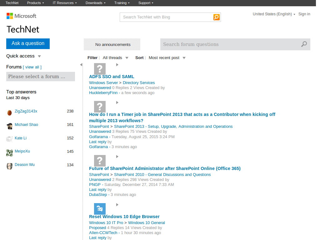 Microsoft Forums (Technet, MSDN, Answers)