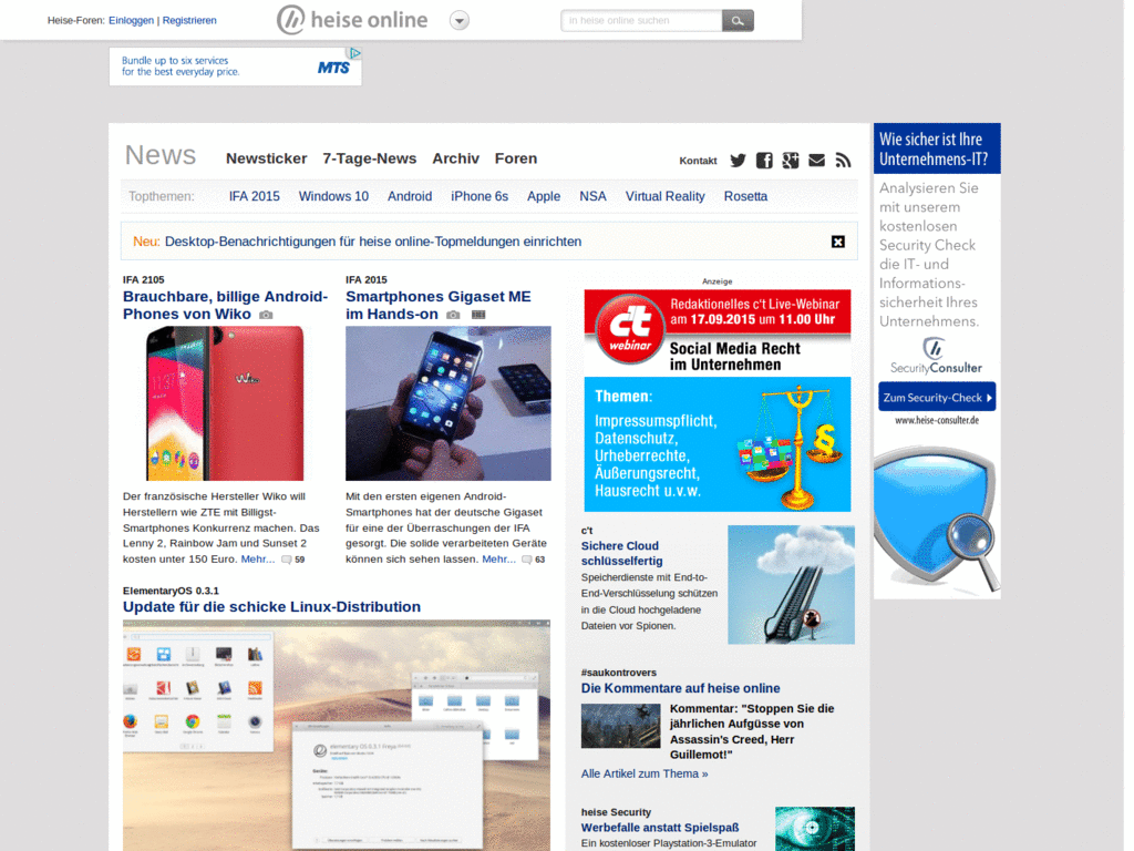 Heise.de neues Design mit Abstand links