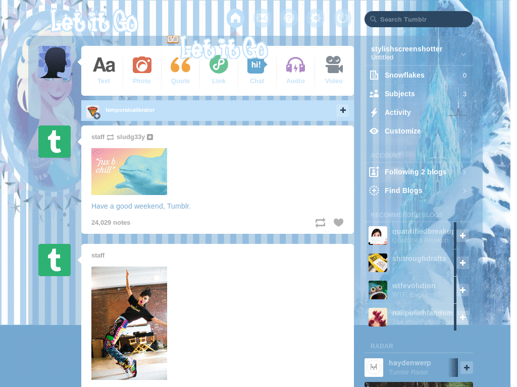 Frozen- Elsa Dashboard theme for tumblr