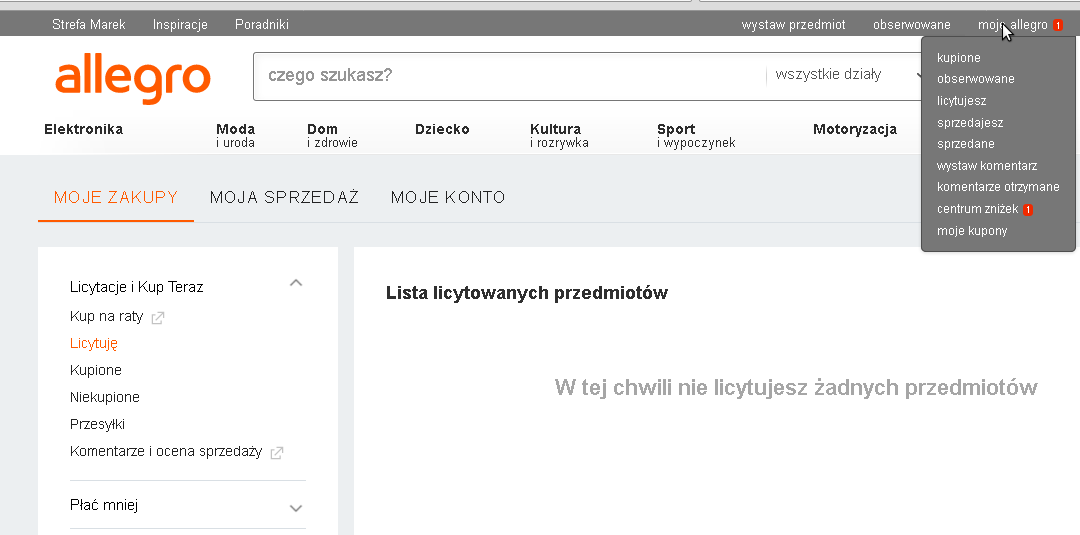 Allegro - Pasek górny i menu boczne