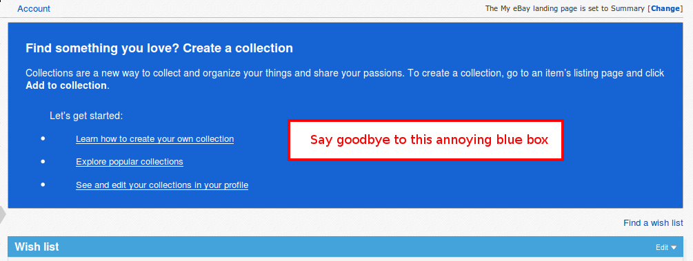 eBay - Don't nag me to create a collection