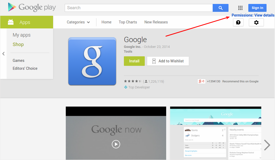Google Play - Easy-to-find "view permissions"