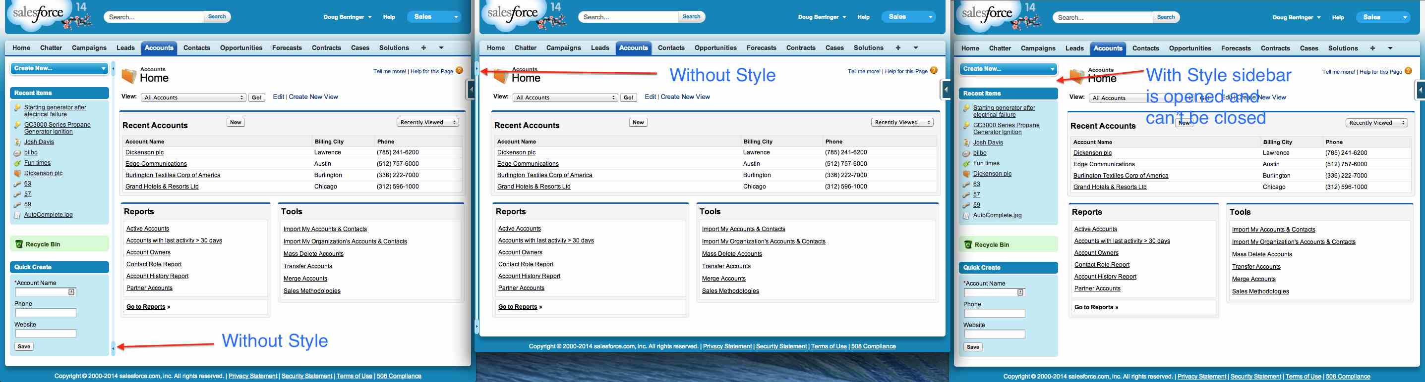 Salesforce.com Force Side Bar Open