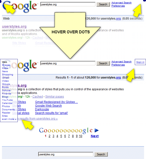Google Autohide Dots: Search and Account Options