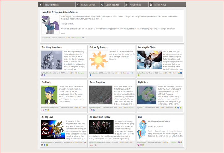 Fimfiction - Featured-Focused Front Page (damaged)