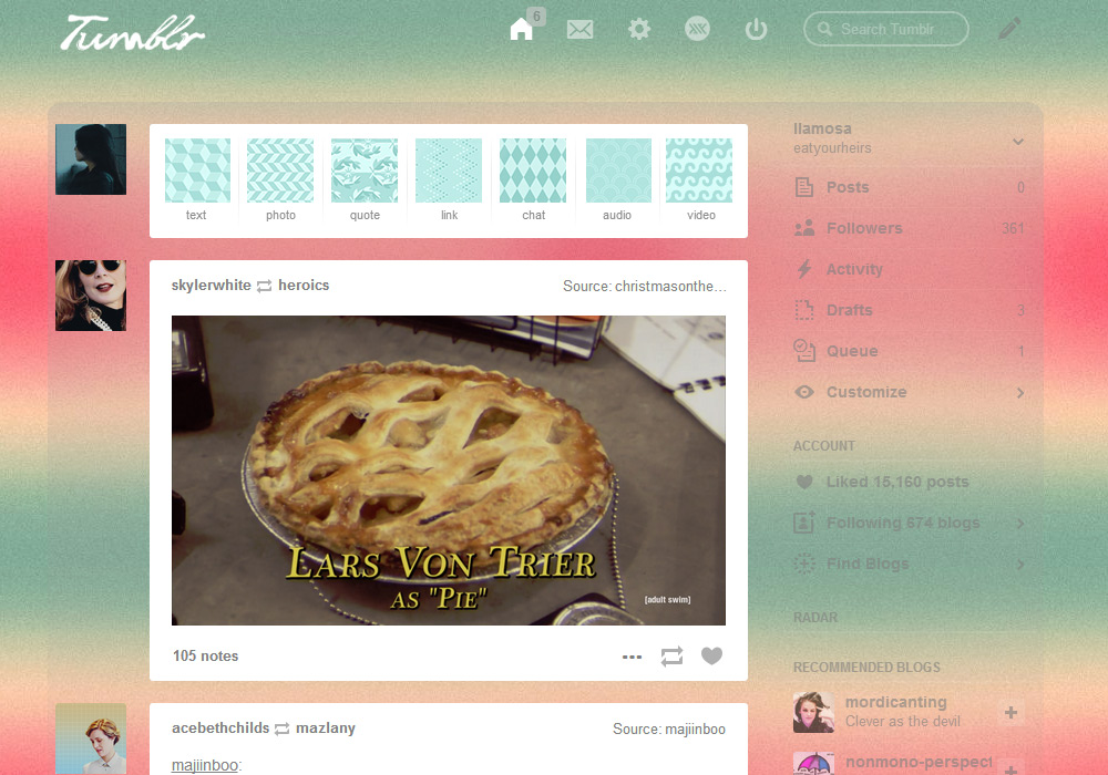 Simple Gradient Tumblr Dashboard Theme (10 colors)