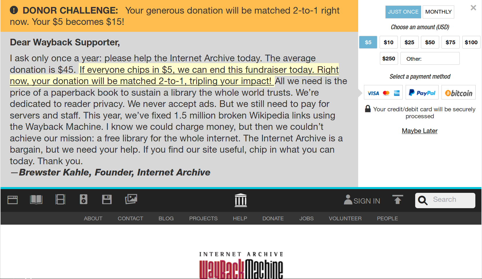 Remove Donation Message on Archive.org