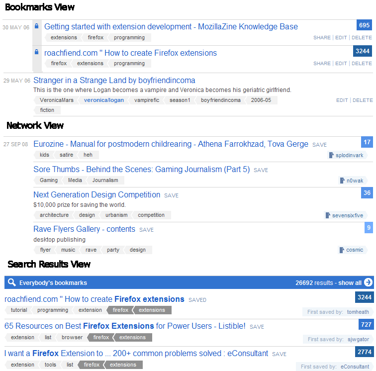 Delicious.com - Tags on left, meta on right
