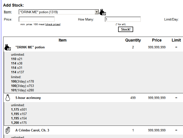 KoL Store Prices Verticalizer