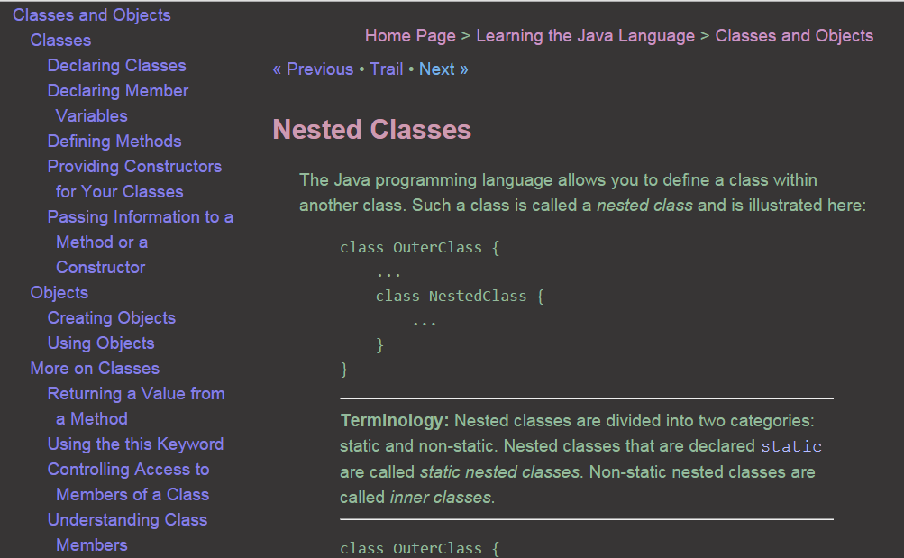 Oracle Java tutorial Dark theme