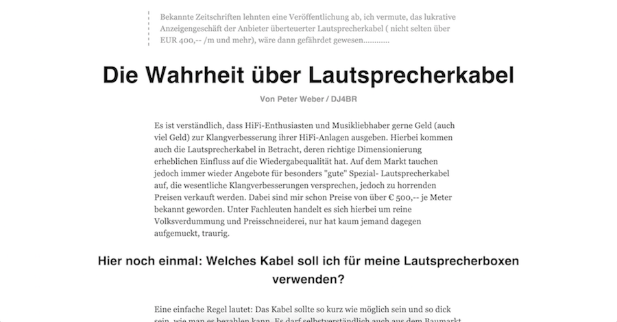 redesign for "Die Wahrheit über Lautsprecherkabel"