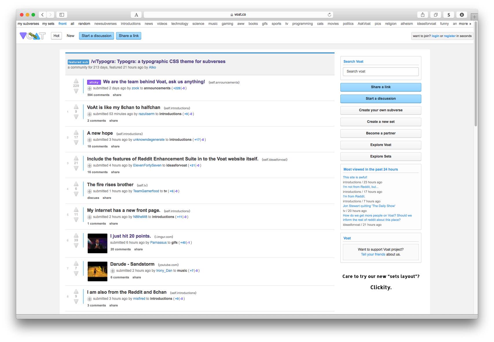 Voat: 1280 width content. Fixed full width header.