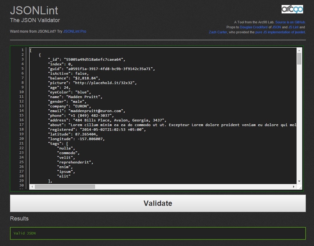 JSONLint Dark