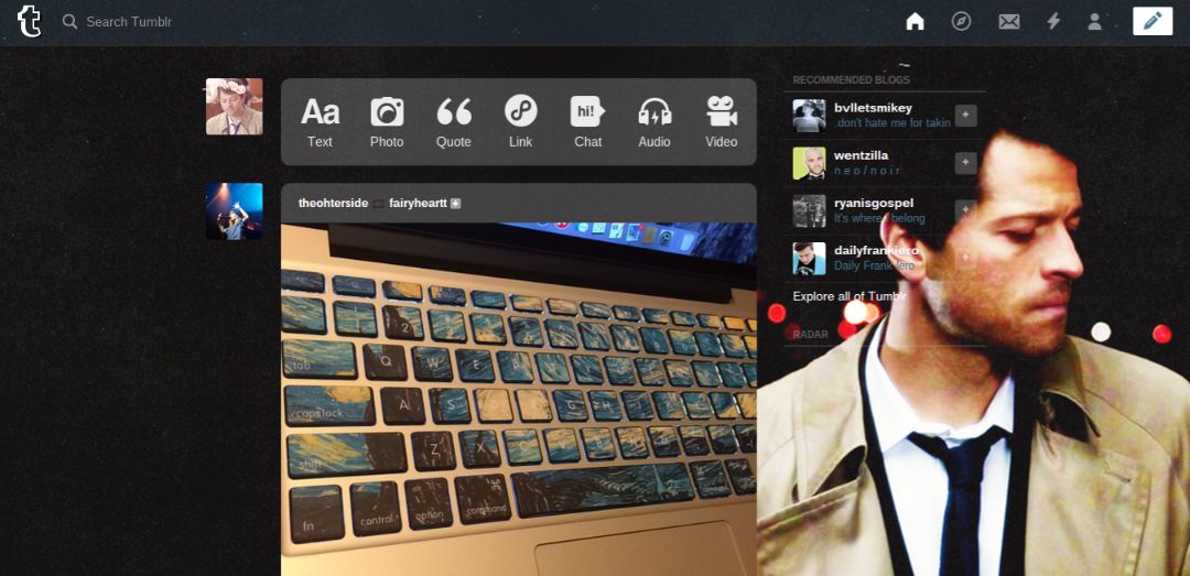 Supernatural/Castiel Tumblr dashboard theme