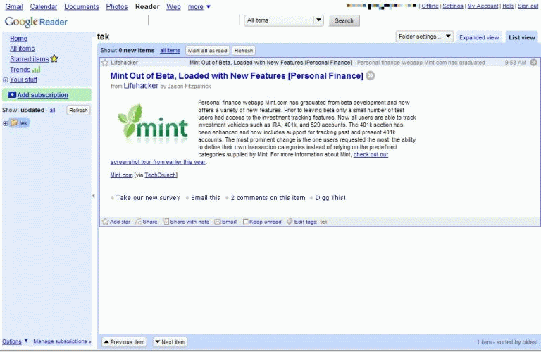 Google Reader - Streamline Left Column