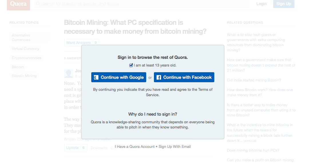 Quora - No Signup Popup