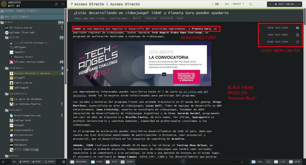 NewsBlur (BLACK + NONOSPACE + HISTORY MENU ON TOP)