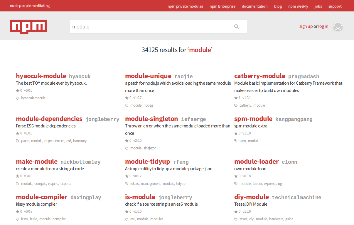 npmjs.com search columns