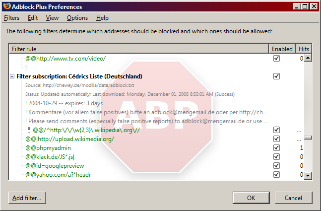 Adblock Plus - Custom Filterlist Window Background