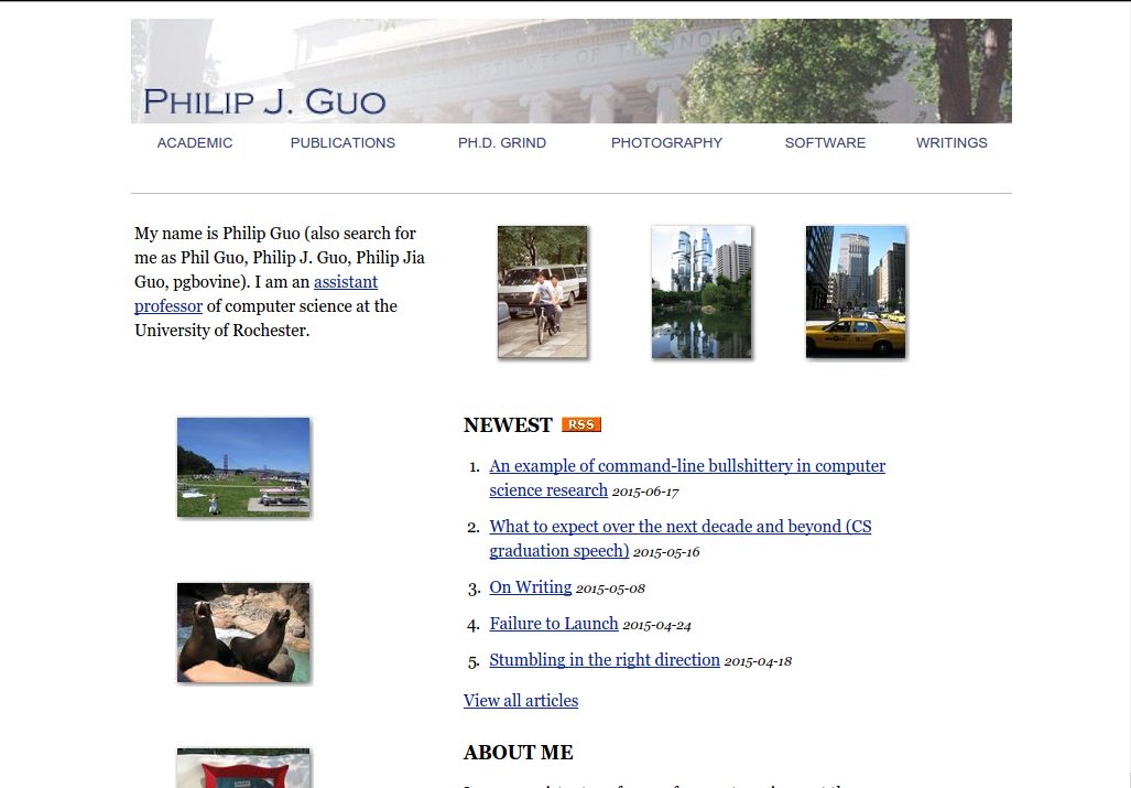 Centered content on Philip Guo's website