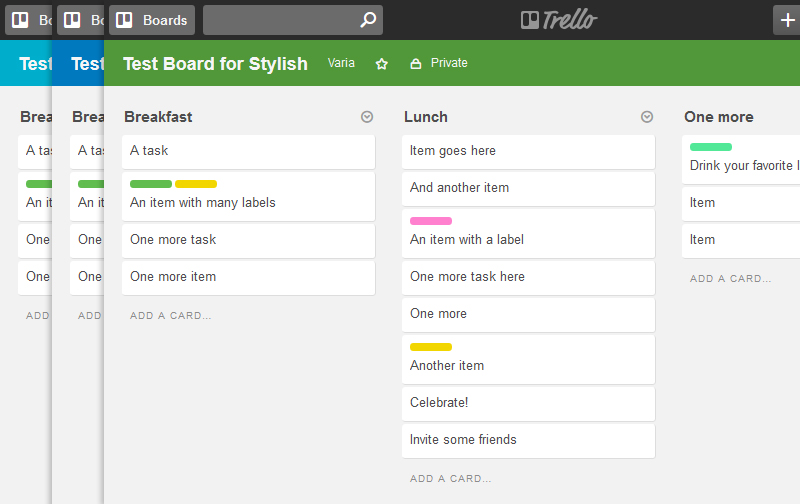 Trello theme: white board with colored header