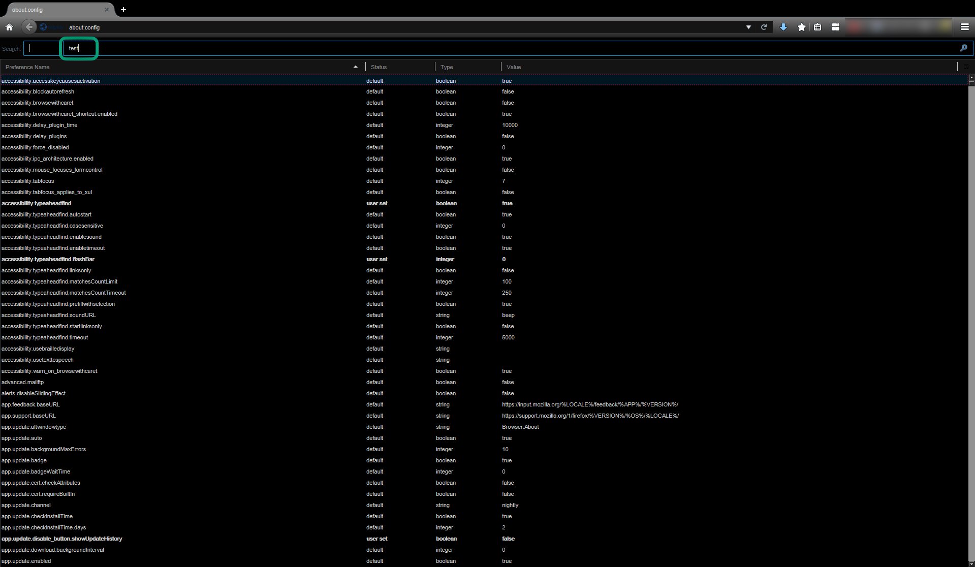 Black styles — Mozilla – about:config