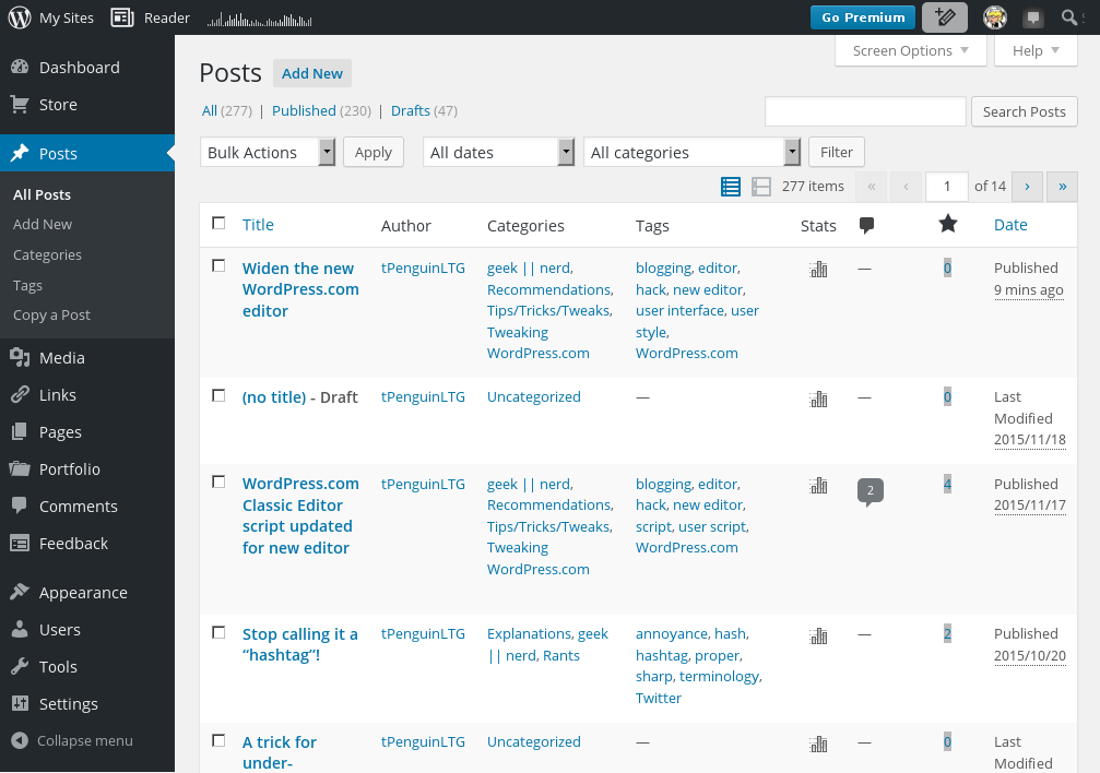 Adjust WordPress.com posts/pages table